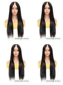 Straight V Part Wig Human Hair No Lace Front Wig V Shape Human Hair 180% Density Natural Black Color - Natural Black - View 4