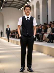 SHEIN Set da 2 pezzi per ragazzo adolescente, look da gentiluomo: gilet slim fit nero doppiopetto + pantaloni eleganti, abito formale per compleanno, matrimonio, laurea, festa, spettacolo