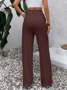 EURMUSE Women's Summer Solid Color Coffee Brown High Waist Drawstring Waist Linen Wide Leg Pants Home Casual - Brown - View 2