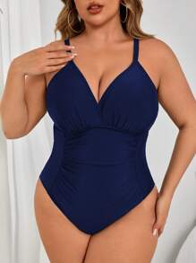 Swim Lushoire 加大码连体泳衣，黑色褶皱腰身简约设计，适合日常、度假和沙滩穿着 - 藏蓝色 - 查看 3