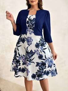SHEIN Clasi Vestido de talla grande 2 en 1 elegante con estampado floral de contraste de color