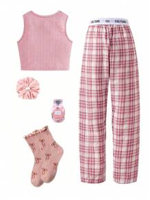 2pcs Casual Teen Girl Classic Plaid Pants And Solid Sleeveless Vest Homewear Set - Baby Pink - View 2