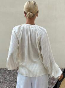 Livesso Áo sơ mi dài tay cổ khoét lỗ họa tiết sọc thường ngày dành cho nữ, áo sơ mi vải lanh dài tay mùa xuân/hè dành cho nữ - Màu Khaki - Xem 2