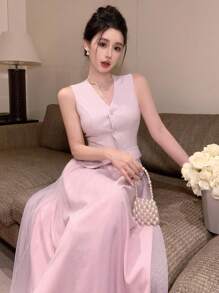 DAZY Women Elegant Plaid Fitted Vest & Mesh Patchwork Pencil Skirt 2 Pieces Set - Purple - View 7
