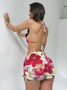 Aloruh 3pcs/Set Women Red Floral Print Halter Tie Bikini Top,Triangle Bottoms & Mini Skirt Summer,Casual,Vacation,Holiday Beach Outfits Boho Tropical Clothe - Yellow - View 2