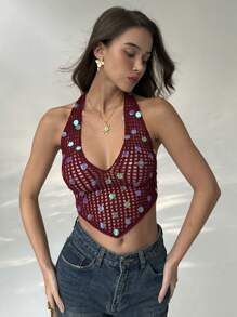 Aloruh Damen gestricktes trägerloses rückenfreies ärmelloses Pailletten sexy Crop Top, Sommer Strand Boho Tropical Urlaub Rave Festival Country Konzert Ibiza Western Wear