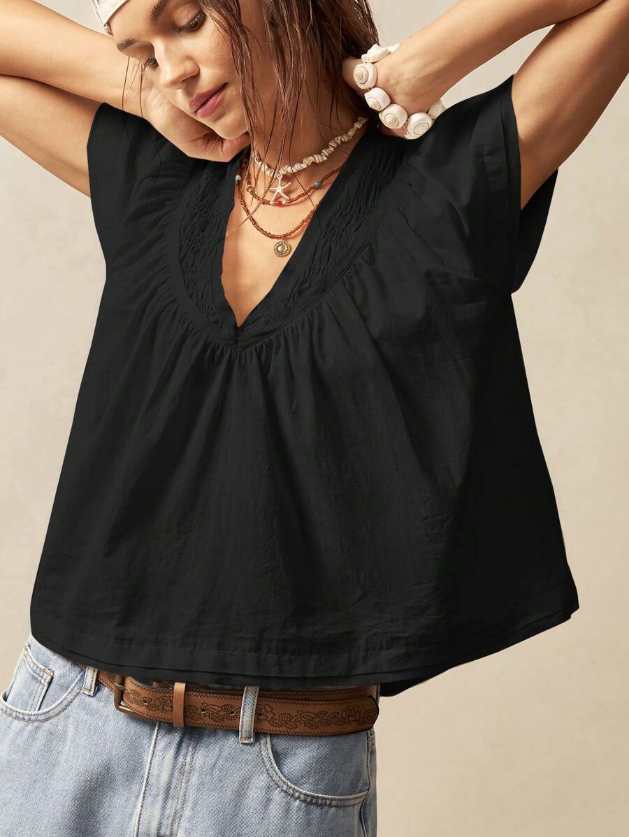 Bohemela 平纹编织V领短袖宽松女式衬衫 - 黑色 - 查看 1