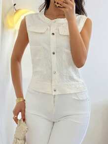 DAZY Women's Crew Neck Lace Trimmed Utility Regular Jacket, Summer Vest