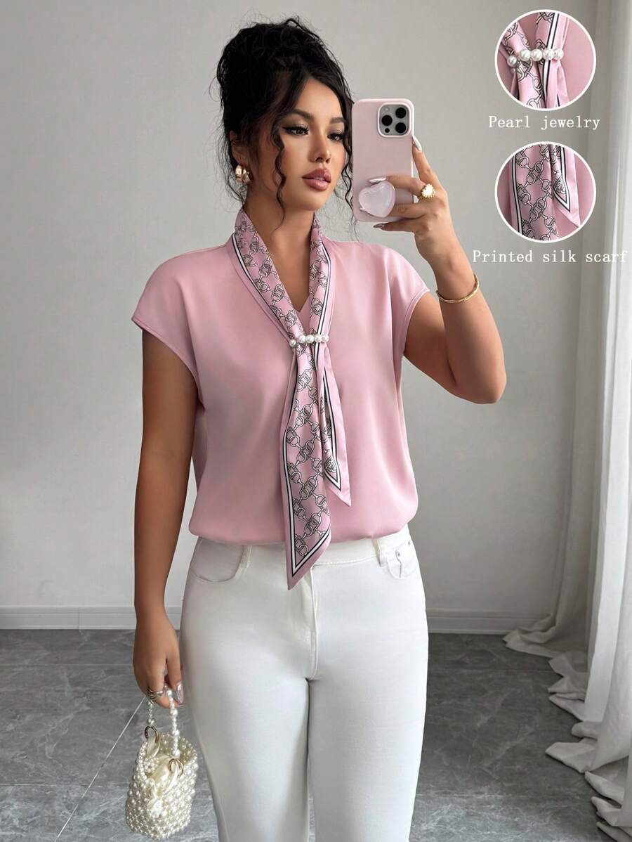 Selianne 法国夏季新款V领花朵丝巾飘带女士衬衫商务休闲女装外出上衣 - 粉色 - 查看 1