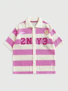 ROMWE MEN Casual Men's Preppy Loose Drop Shoulder Hollow Stripe Single-Breasted Knit Vacation Sweater - Pink - View 1