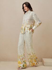 Anewsta Women Floral Print Lace Hollow Blouse And Long Pants Set, Elegant 2 Pieces Outfit