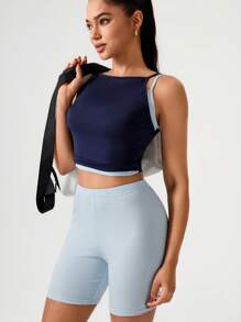 Hanevo 2 件套女士撞色无袖上衣和修身短裤套装 - 藍色 - 查看 4
