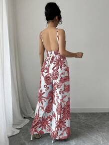 Elenzga 女士优雅吊带背心连体裤，采用收腰设计 - 紅色 - 查看 2