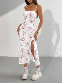 SHEIN EZwear 女士休闲中长款花卉印花连衣裙，夏季 - 粉色 - 查看 3