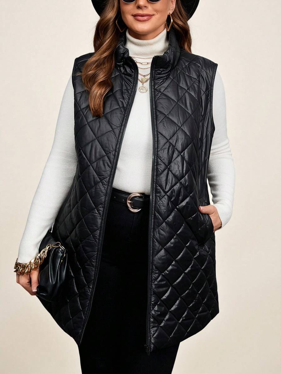 SHEIN Clasi 大碼拉鏈開襟衍縫外套馬甲 - 黑色 - 查看 1