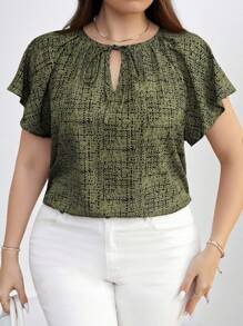 SHEIN Clasi Plus Size Women's Fashion Solid Color Short Sleeve Blouse - Green - View 1