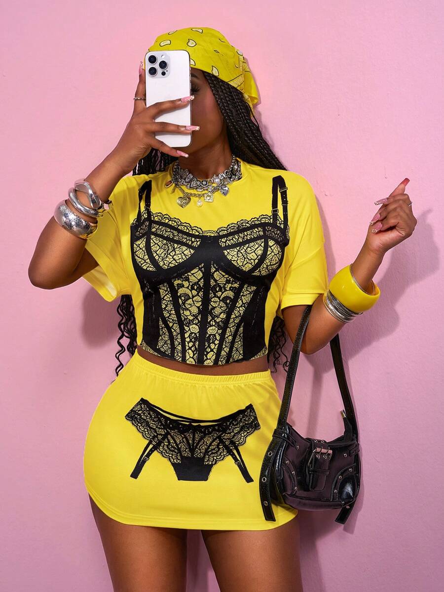Slaydiva 2pcs/Set 2025 Spring & Summer New Boho Coachella Music Festival Casual Daily Beach Holiday Party Street Style Sexy Sweet Cute Millennium Y2K Yellow Black Lace Graphic Printed Elastic Knitted Short Sleeve T-Shirt And Mini Skirt Suit For Women