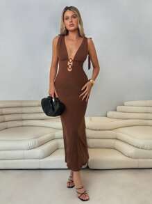 Roylia Sexy & Fashionable V-Neck Decorative Round Buckle Cinched Waist Design Women Dress - Brown - View 4
