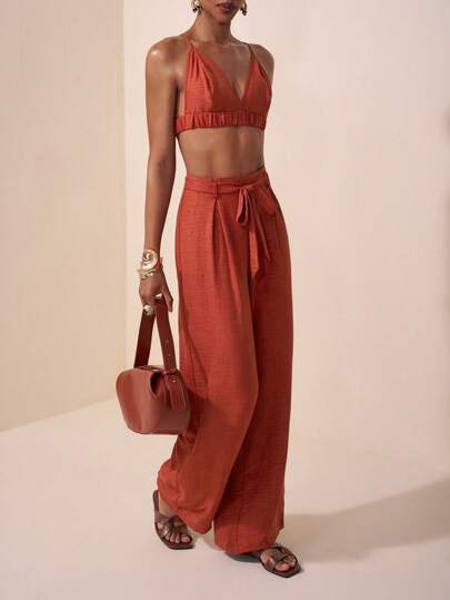 Zivah 20  Summer New Style Birthday Party Daily Travel Basic And Versatile Leisure Vacation Cruise Travel Beach Sunbathing Internet Celebrity Hot Style Street Style Elegant Commuter Business Casual V-Neck Slim Short Women's Vest And Straight Pants I-Shaped Pleated Bandage Sexy Backless Brick Red Summer Suit Women's Two-Piece Suit