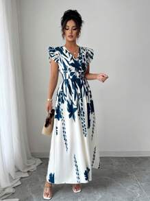 Elenzga Women's Elegant V-Neck Floral Print Cap Sleeve A-Line Maxi Dress, Spring/Summer - Multicolor - View 4