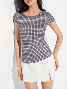 Roylia Women Simple Round Neck Plaid Cutout Back Fitted Short Sleeve T-Shirt - Multicolor - View 3