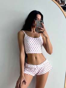 Bộ áo hai dây in hình trái tim và quần short viền bèo nhún cho nữ - Nhiều màu - Xem 1
