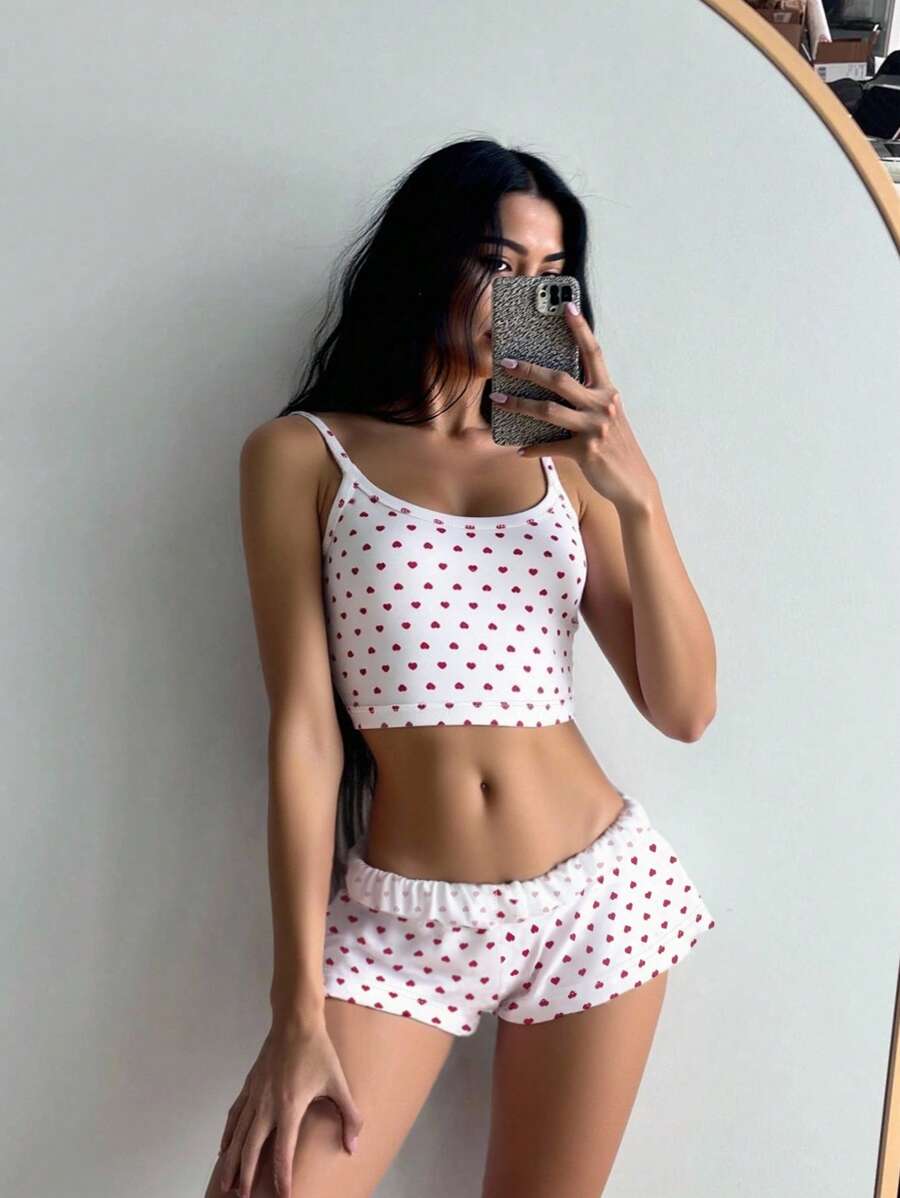 Bộ áo hai dây in hình trái tim và quần short viền bèo nhún cho nữ - Nhiều màu - Xem 1