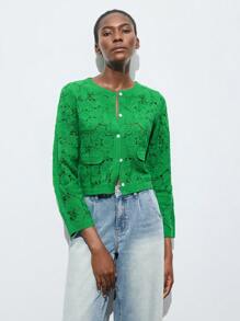 Maija 2025 Nouvelle arrivée automne/hiver Jour de l'Indépendance Jour de Pâques Cardigan à boutons devant polyvalent et chic avec design floral en dentelle ajourée verte, tricot minimaliste Top de gamme, essentiel pour la maison, le bureau, l'extérieur, les vacances, les festivals de musique, la fête des mères, les sorties, les fêtes, les voyages, Noël, Halloween - Vert - Voir 3