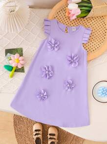 SHEIN Elladie kids Đầm xòe xếp ly phía trước họa tiết hoa 3D màu hoa oải hương cho bé gái mặc hàng ngày thanh lịch - Màu tím - Xem 5