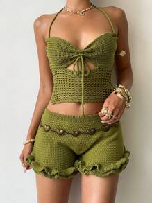 Aloruh 2 pezzi Set di maglia senza maniche e pantaloncini da donna alla moda con collo - Verde militare - Visualizzare 7