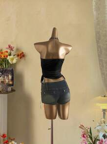 Attitoon Áo hai dây lửng nữ chất liệu 95% cotton, kiểu dáng vintage punk grunge, họa tiết chữ thập và chữ Anh, có dây rút, thích hợp cho các buổi đi chơi, kỳ nghỉ biển, phong cách đường phố, sang trọng, phong cách Y2K. - Nhiều màu - Xem 3