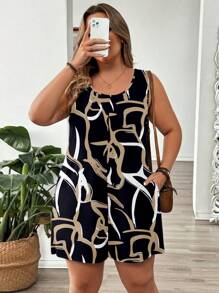 EMERY ROSE Casual Abstract Graphic Print Jumpsuit, Colorblock, Suitable For Music Festival, Country Style, Spring/Summer, Plus Size Plus Size Romper With Pockets Abstract Print Romper Suitable For Going Out