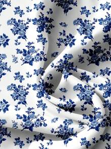 SHEIN Clasi Camisa casual simples plus size floral azul e branca VCAY Vacation, adequada para o verão - Azul e branco - Ver 4