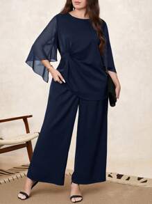 SHEIN Clasi 大码纯色喇叭袖衬衫和裤子 2 件套 - 藏蓝色 - 查看 5