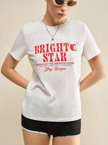 Muvela 女士夏季标语印花圆领短袖休闲T恤