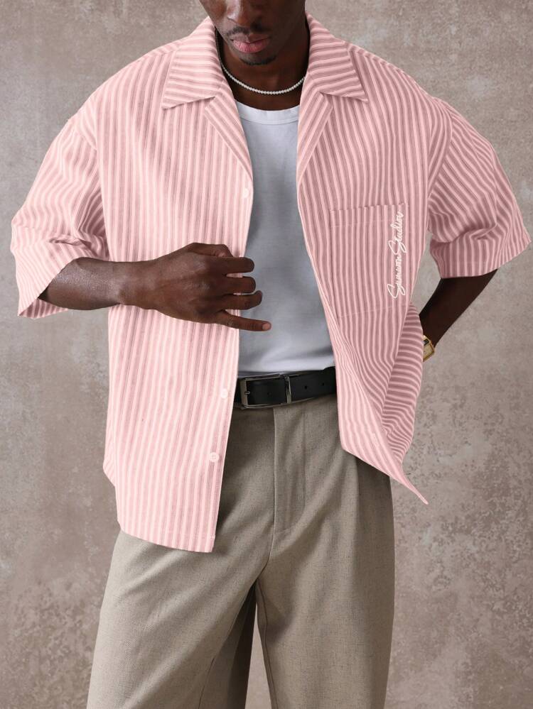 SUMWON Boxy Fit Textured Stripe Resort Shirt With Revere Collar Short Sleeve Button Up Summer Vacation Cruise Wear
