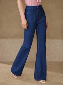 MOTF PREMIUM POCKET PATCHED FLARE LEG JEANS - Dark Wash - View 5