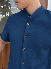 HIMLAND Men's Casual Woven Blue Shirt With Short Stand Collar, Long Sleeve