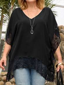 EMERY ROSE 大码休闲纯色蕾丝拼接蝙蝠袖衬衫，适合女士度假夏季朴素风格