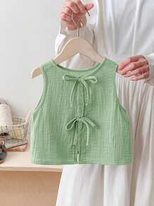 SHEIN LMoss Kids Top sin espalda con lazo y tejido texturizado con detalles informales y de corte evasé para niña joven, para primavera y verano
