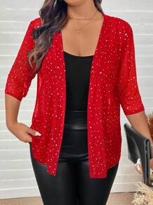 SHEIN LUNE Áo khoác lưới mỏng đính đá Rhinestone cỡ lớn cho nữ dự tiệc Lễ Tạ ơn năm mới, tiệc Giáng sinh, áo sequin, áo đi chơi đêm giao thừa, trang phục công sở, năm mới, tiệc tùng, trang phục thường ngày cho phụ nữ, phong cách quý tộc, ngày lễ tình nhân, tình yêu/người yêu - Đỏ - Xem 4