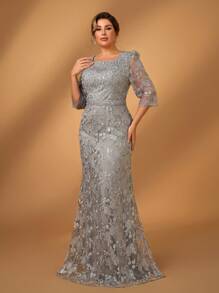 Serin Plus Size Elegant Romantic Heavy-Embellished Navy Blue Beaded Rhinestone Mid-Sleeve Lace Fabric Mermaid-Style Formal Gown, Suitable For Prom, Banquet, Mother Of The Bride Dress