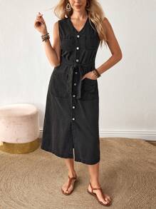 SHEIN LUNE Women's Solid Color Simplistic Casual Sleeveless Denim Dress - Grey - View 4