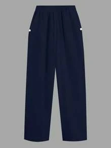 SHEIN PETITE 大码女式法式时尚直筒白色长裤，带口袋，新款夏季休闲松紧腰褶皱裤 - 藏蓝色 - 查看 3