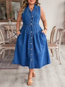 EMERY ROSE 大码牛仔休闲度假前纽扣口袋无袖连衣裙 - 深色水洗藍 - 查看 3