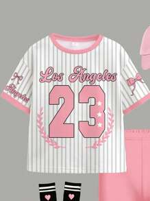 SHEIN Leap Crew Conjunto de top de manga corta y shorts casual y simple para niña, apropiado para el verano - Multicolor - Ver 4