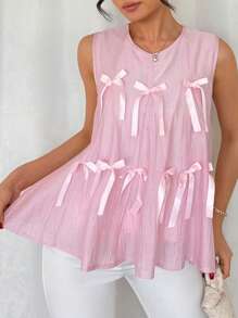 Chiquease Spliced ​​Bow Sweet And Cute Age-Reducing Ladies' Shirts Cute Summer Tops Ladies Short Pink Tops - Pink - View 4
