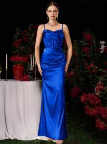 Coutiva Váy dạ hội dài đính đá lấp lánh cỡ lớn cho nữ, váy suông đen không dây cho nữ, váy dạ hội cho nữ, váy sinh nhật, váy thường ngày cho nữ, váy ngắn cho nữ, váy công sở mùa hè, váy mùa hè, váy dạ hội cho nữ, trang trọng, váy dự tiệc, cho khách dự tiệc cưới - Xanh đậm - Xem 4