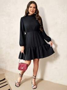 SHEIN Clasi Plus Size Solid Color Lantern Sleeve Dress - Black - View 3