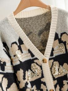 CosyJoli Plus Size Women Leopard Print Sequin Design Single Breasted Long Sleeve Cardigan In Fall/Winter